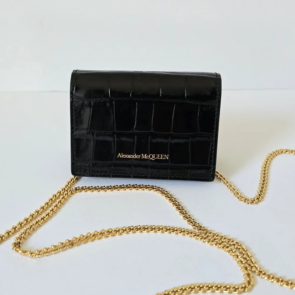 Alexander McQueen Croc-Embossed Leather Card Holder On Chain Black